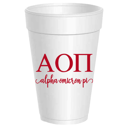 Alpha Omicron Pi - ΑΟΠ -Letter Script Styrofoam Cups - 25 pack