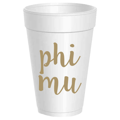 Phi Mu - ΦΜ - Gold Script Styrofoam Cups - 25 pack