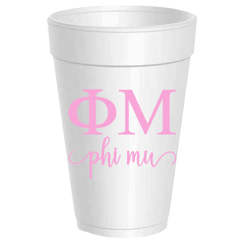 Phi Mu - ΦΜ -Letter Script Styrofoam Cups - 25 pack